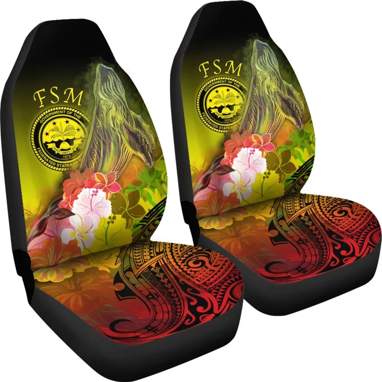 Federated States of Micronesia Car Seat Covers - Humpback Whale with Tropical Flowers (Yellow)