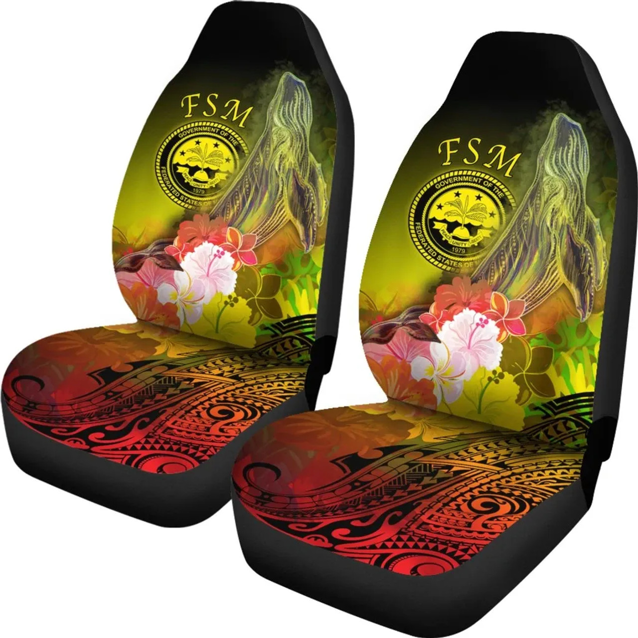 Federated States of Micronesia Car Seat Covers - Humpback Whale with Tropical Flowers (Yellow)