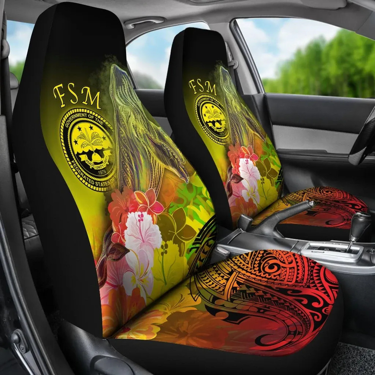 Federated States of Micronesia Car Seat Covers - Humpback Whale with Tropical Flowers (Yellow)