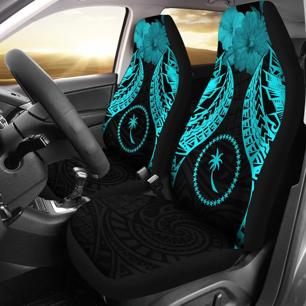 Chuuk Polynesian Car Seat Covers Pride Seal And Hibiscus Neon Blue