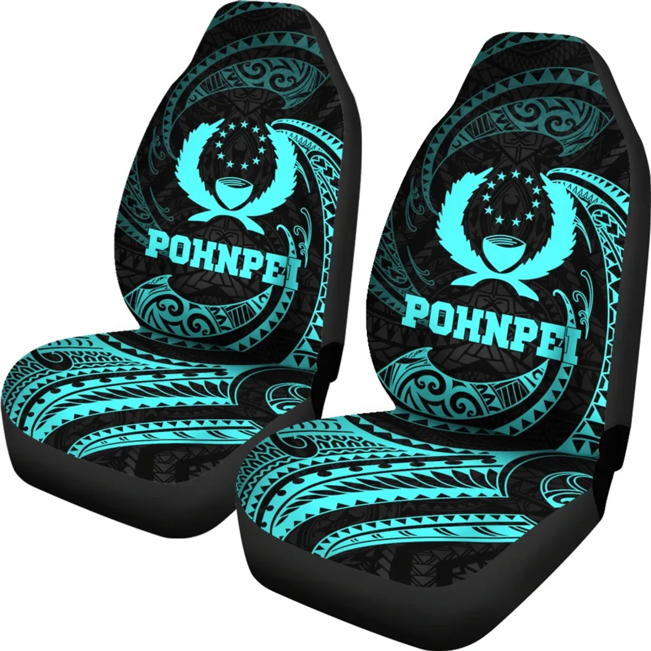 Pohnpei Micronesian Car Seat Covers - Neon Blue Tribal Wave