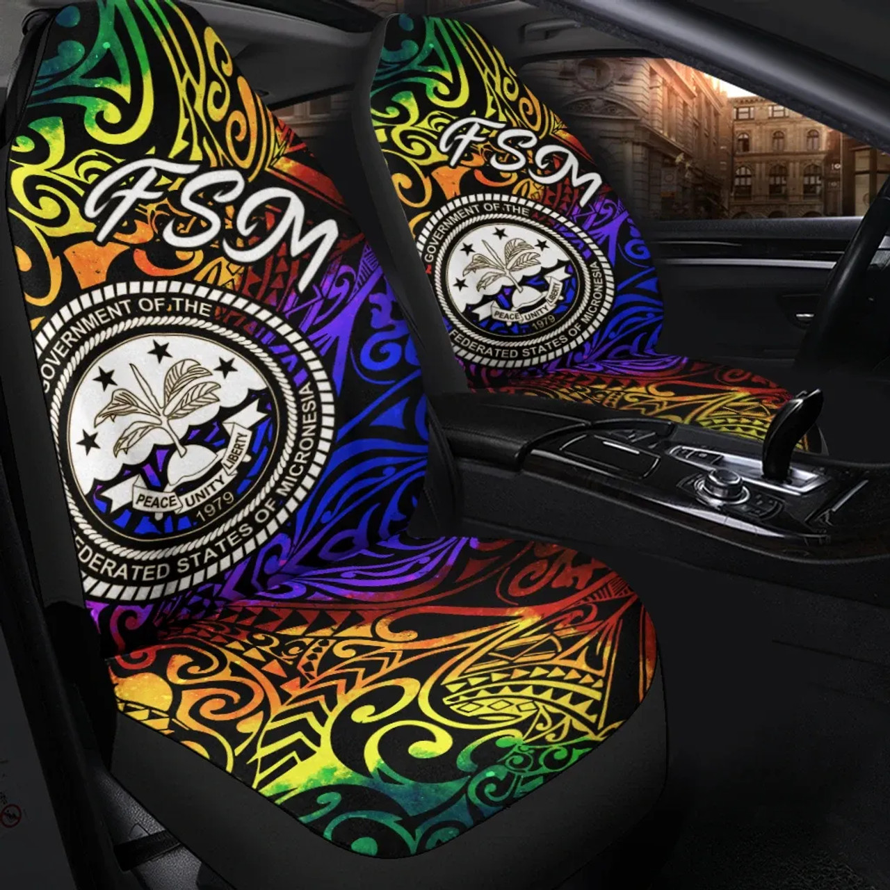 Federated States of Micronesia Car Seat Covers - Rainbow Polynesian Pattern