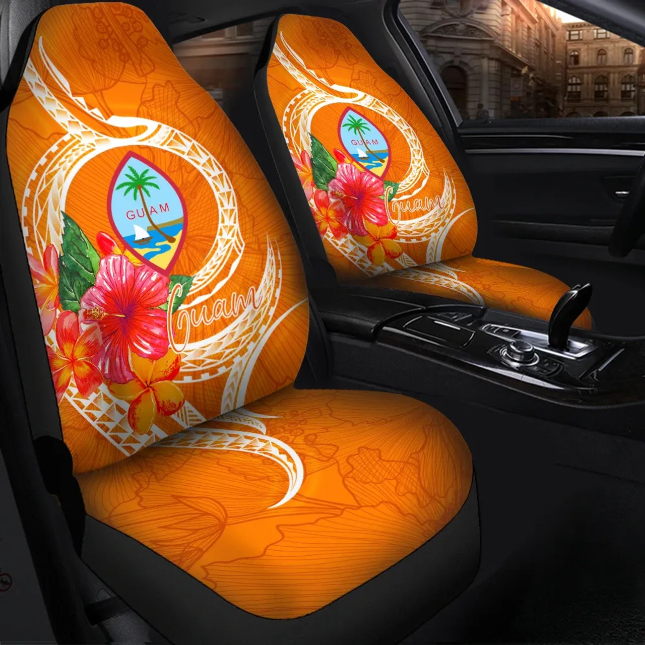 Guam Polynesian Car Seat Covers - Orange Floral With Seal