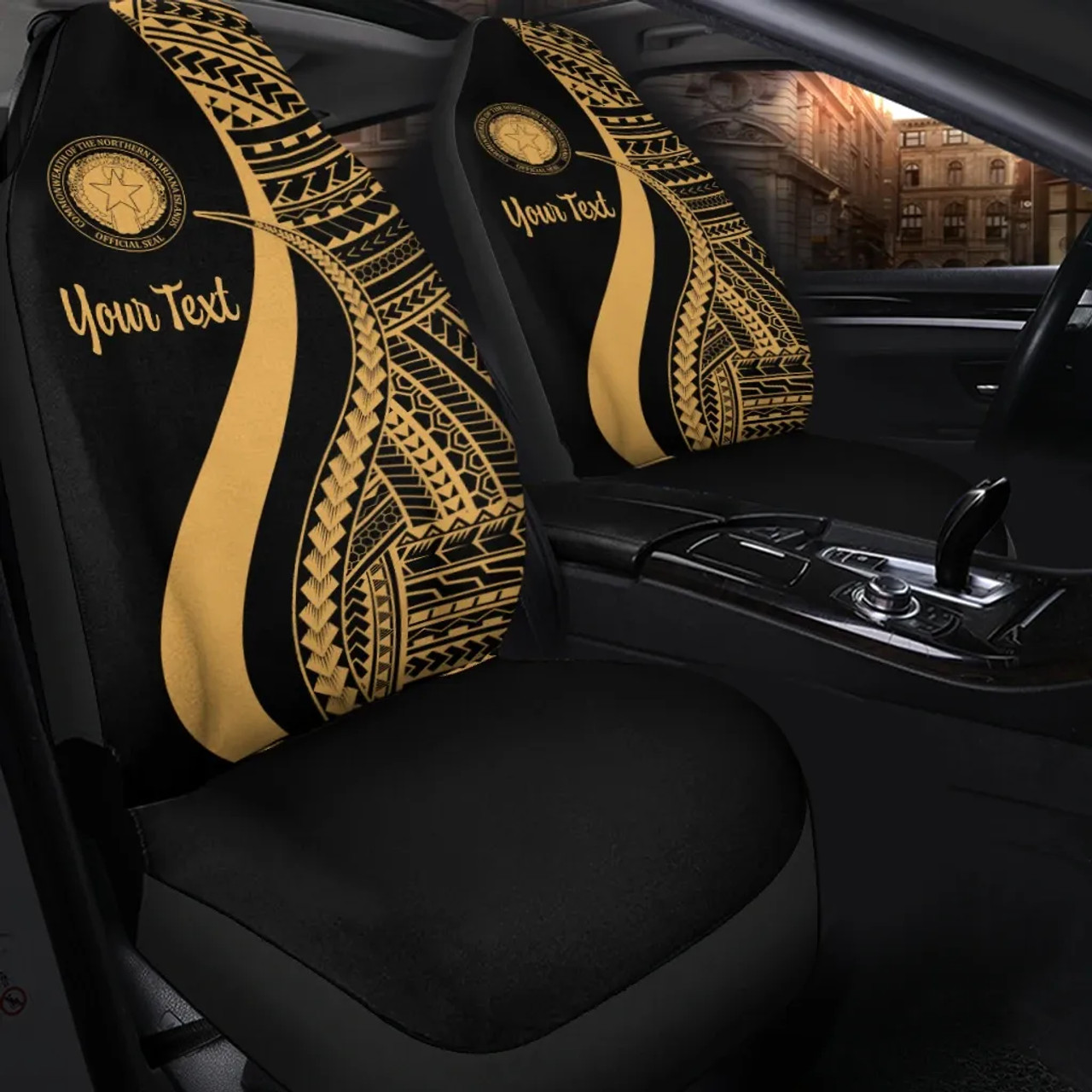 Northern Mariana Islands Custom Personalised Car Seat Covers - Gold Polynesian Tentacle Tribal Pattern