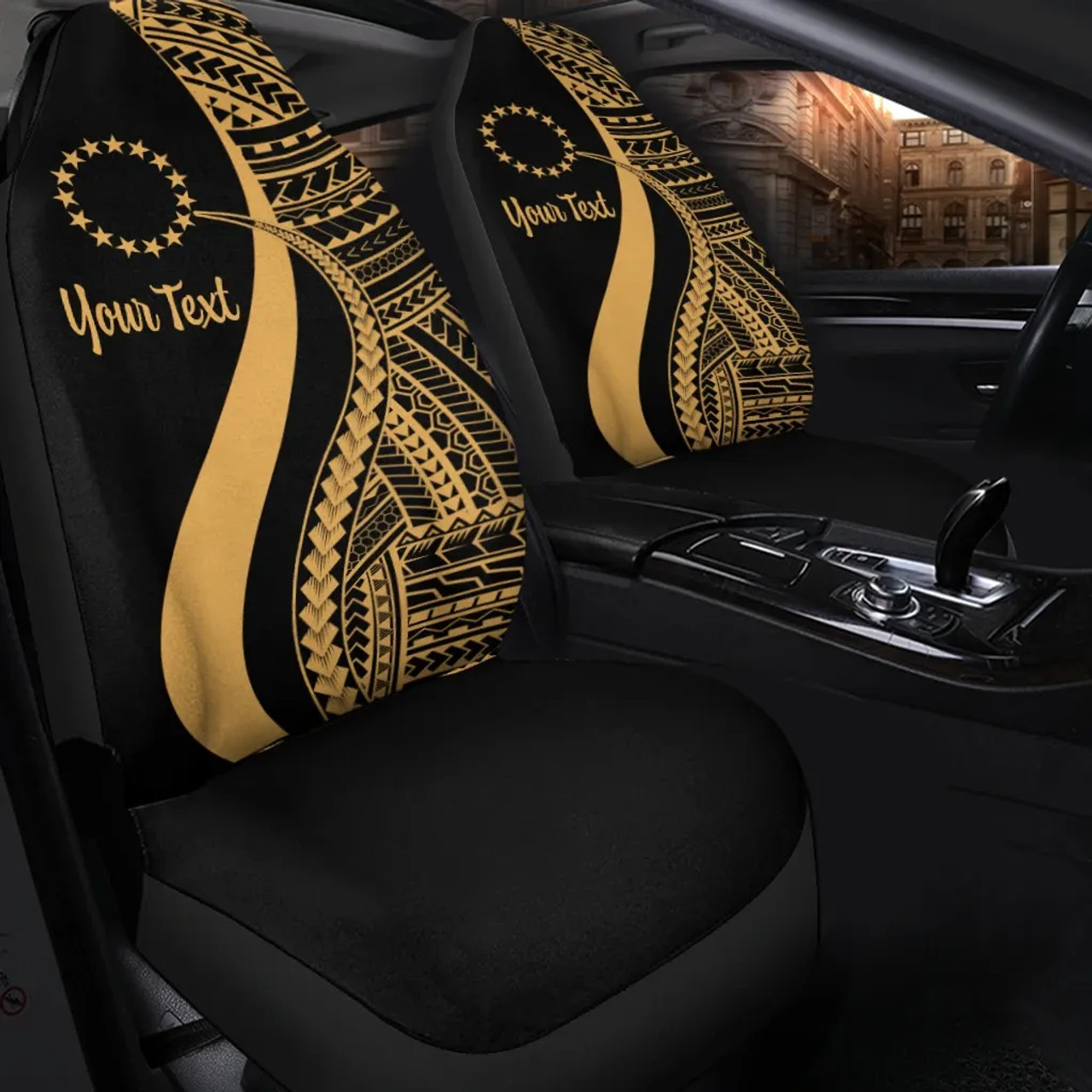Cook Islands Custom Personalised Car Seat Covers - Gold Polynesian Tentacle Tribal Pattern