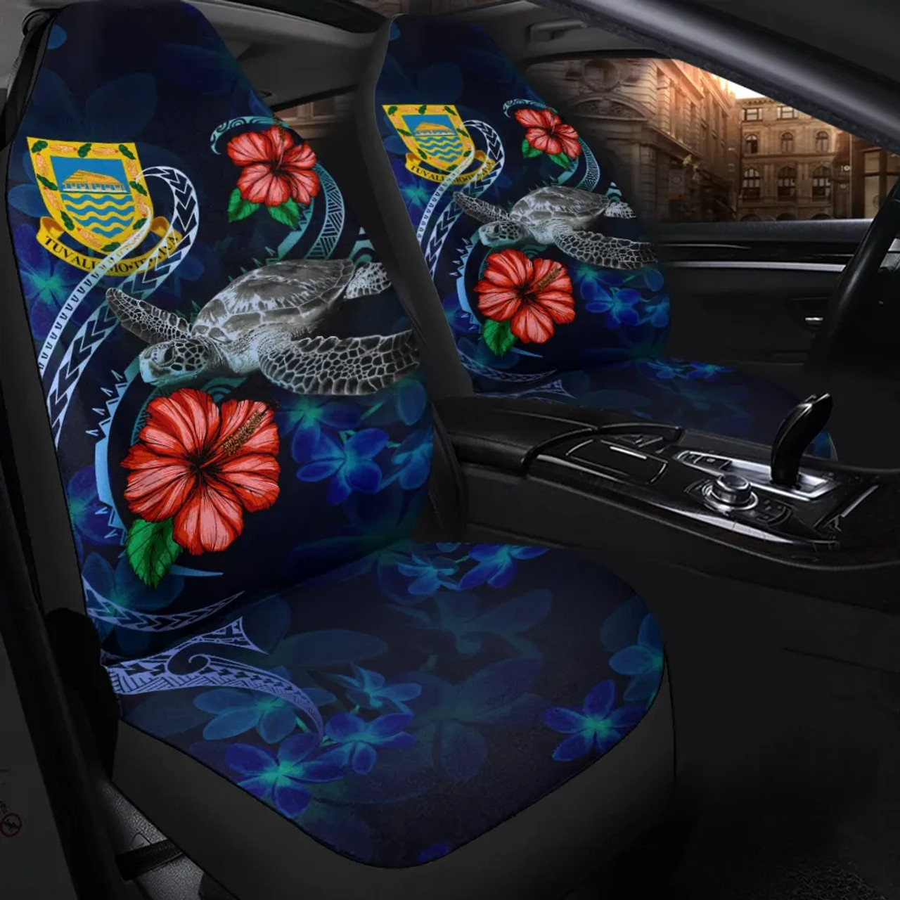 Tuvalu Polynesian Car Seat Covers - Blue Turtle Hibiscus