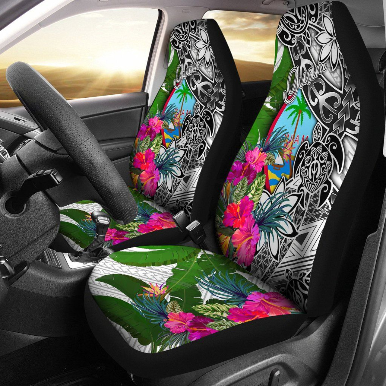 Guam Car Seat Covers White - Turtle Plumeria Banana Leaf