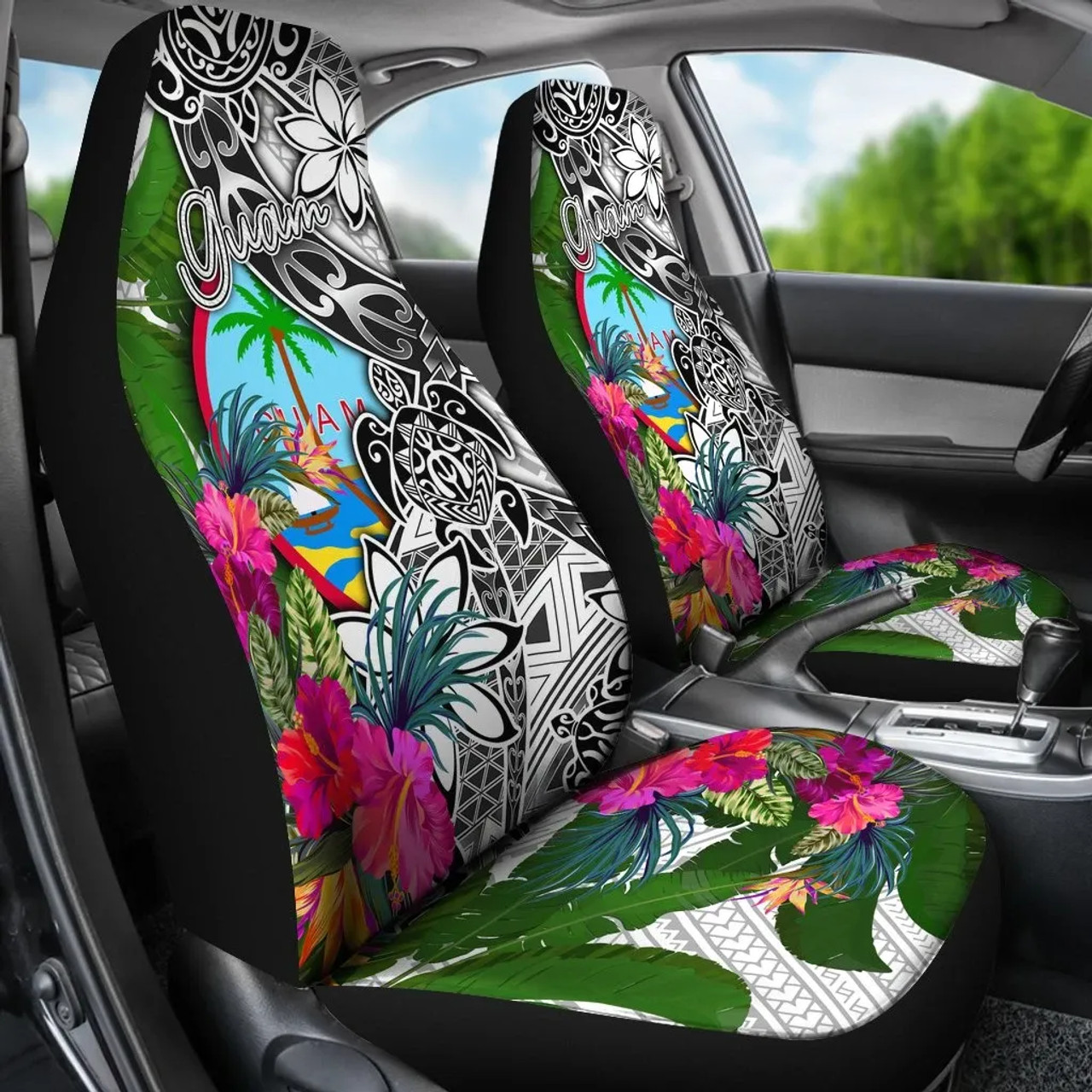 Guam Car Seat Covers White - Turtle Plumeria Banana Leaf