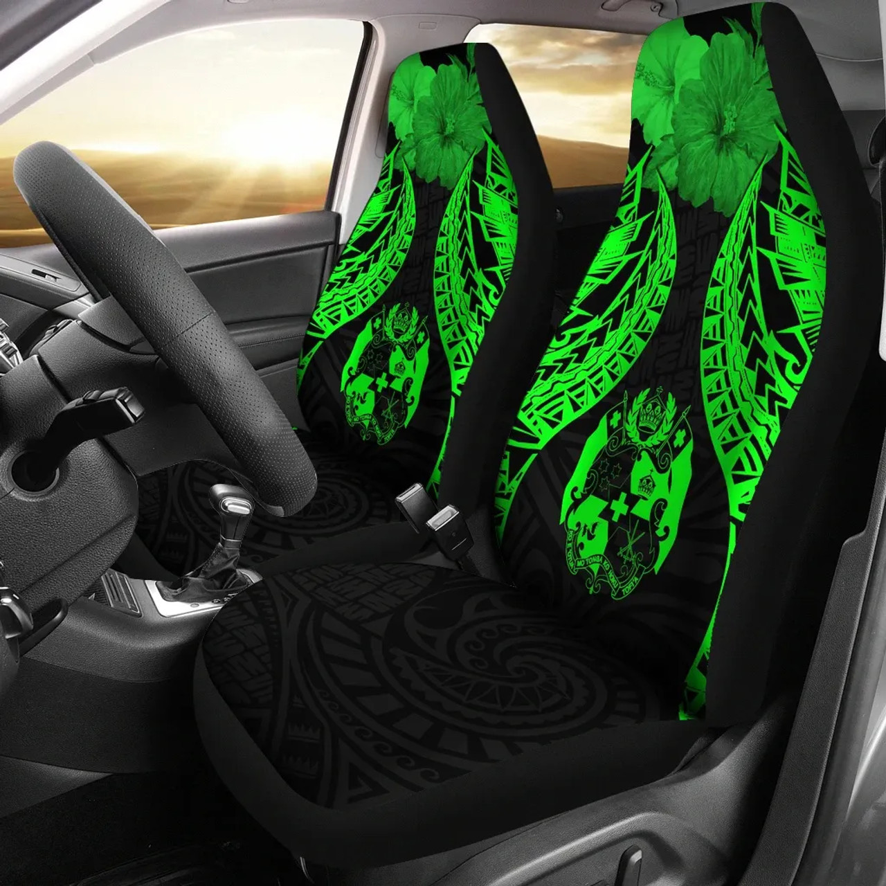 Tonga Polynesian Car Seat Covers Pride Seal And Hibiscus Green