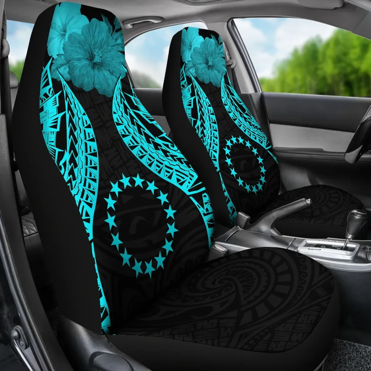 Cook islands Polynesian Car Seat Covers Pride Seal And Hibiscus Neon Blue