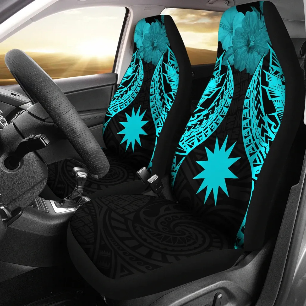 Nauru Polynesian Car Seat Covers Pride Seal And Hibiscus Neon Blue