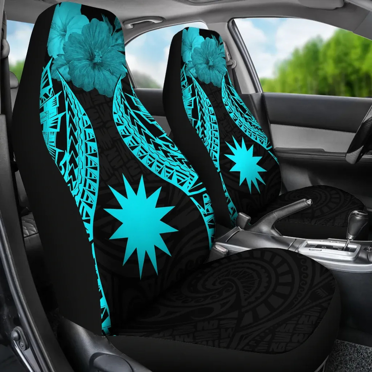 Nauru Polynesian Car Seat Covers Pride Seal And Hibiscus Neon Blue