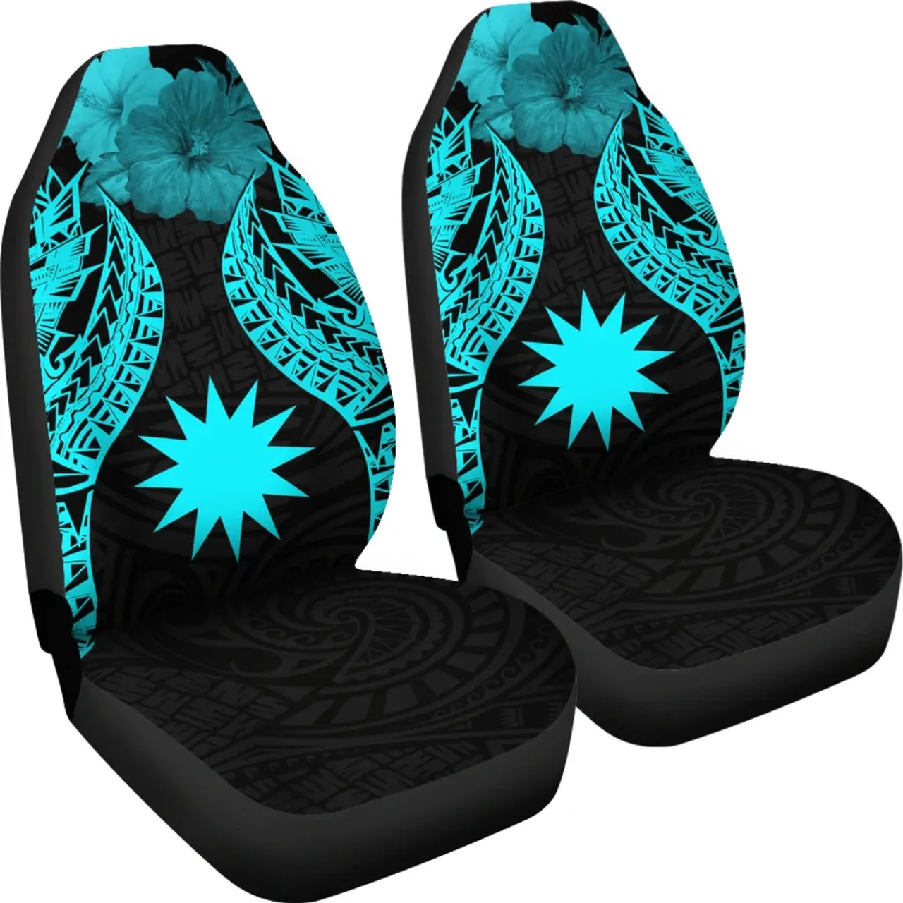 Nauru Polynesian Car Seat Covers Pride Seal And Hibiscus Neon Blue