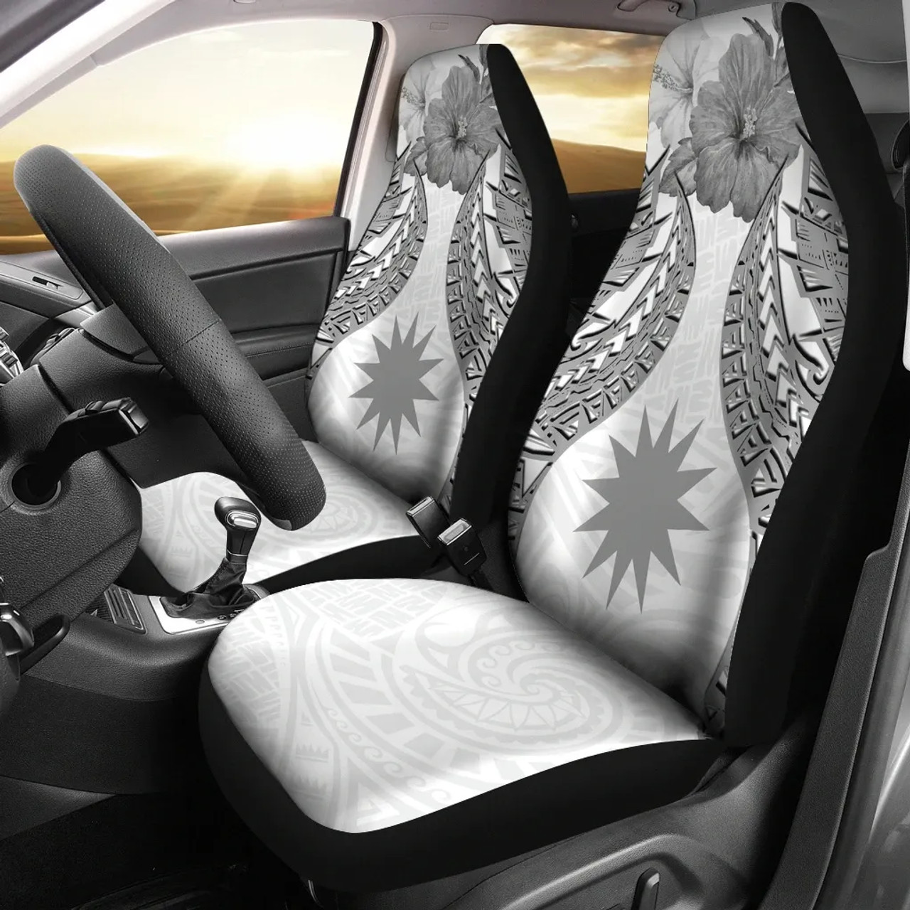 Nauru Polynesian Car Seat Covers Pride Seal And Hibiscus White