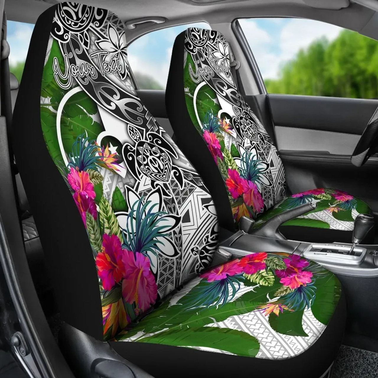 Yap Custom Personalised Car Seat Covers White - Turtle Plumeria Banana Leaf