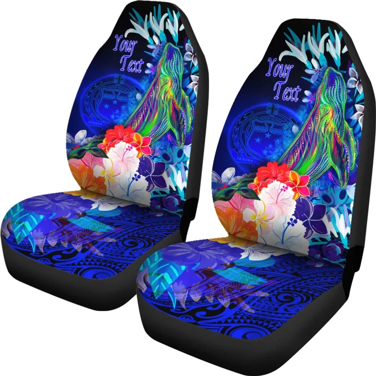 [Custom Personalised] Samoa Car Seat Covers - Humpback Whale with Tropical Flowers (Blue)