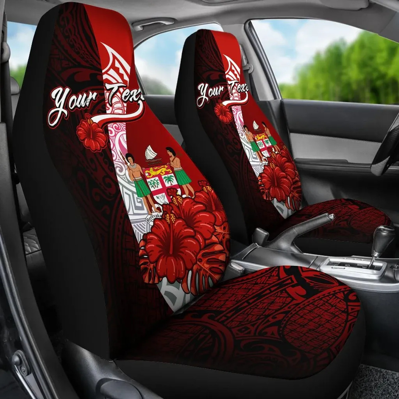 Fiji Polynesian Custom Personalised Car Seat Covers - Coat Of Arm With Hibiscus