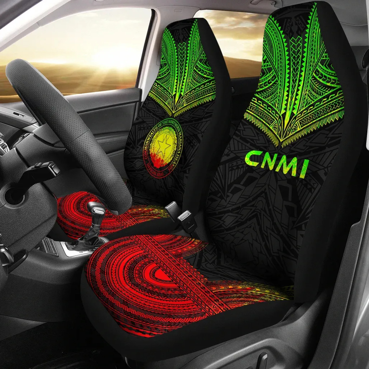 Northern Mariana Islands Car Seat Cover - CNMI Seal Polynesian Chief Tattoo Reggae Version