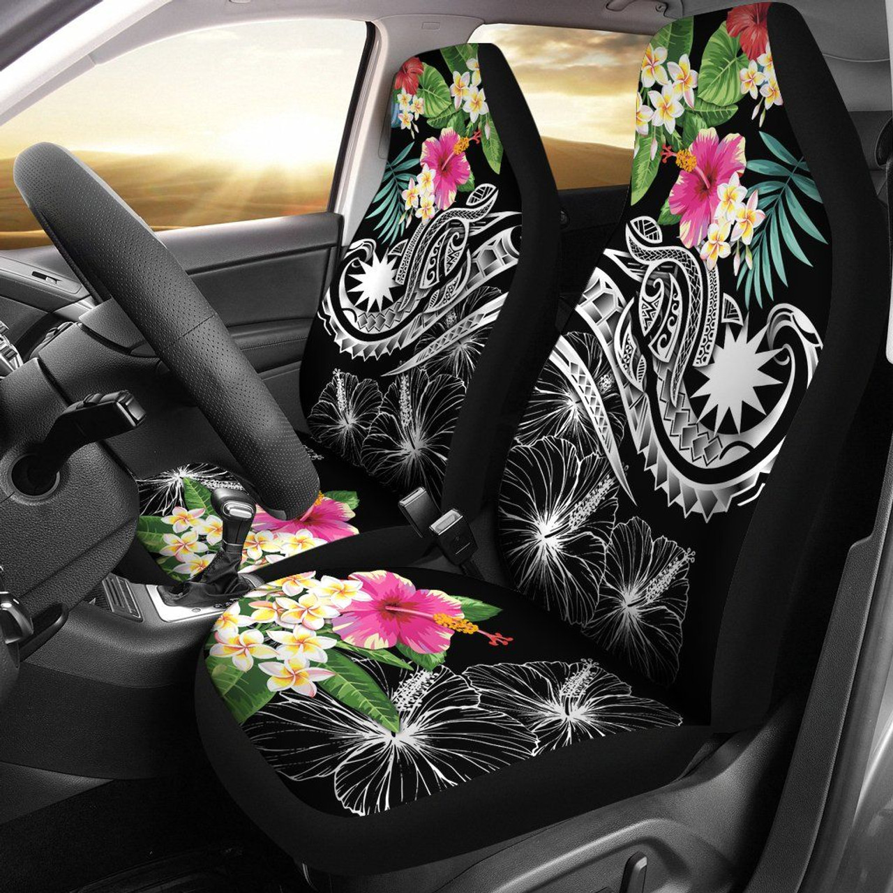 Nauru Polynesian Car Seat Covers - Summer Plumeria (Black)