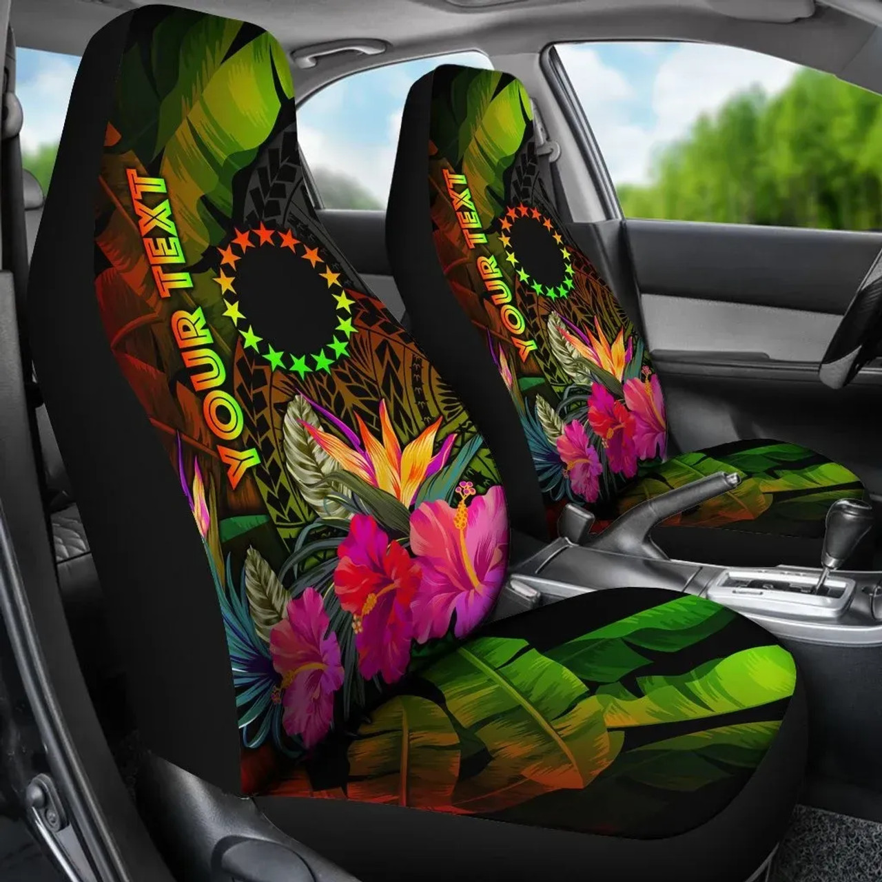 Cook Islands Polynesian Personalised Car Seat Covers -  Hibiscus and Banana Leaves