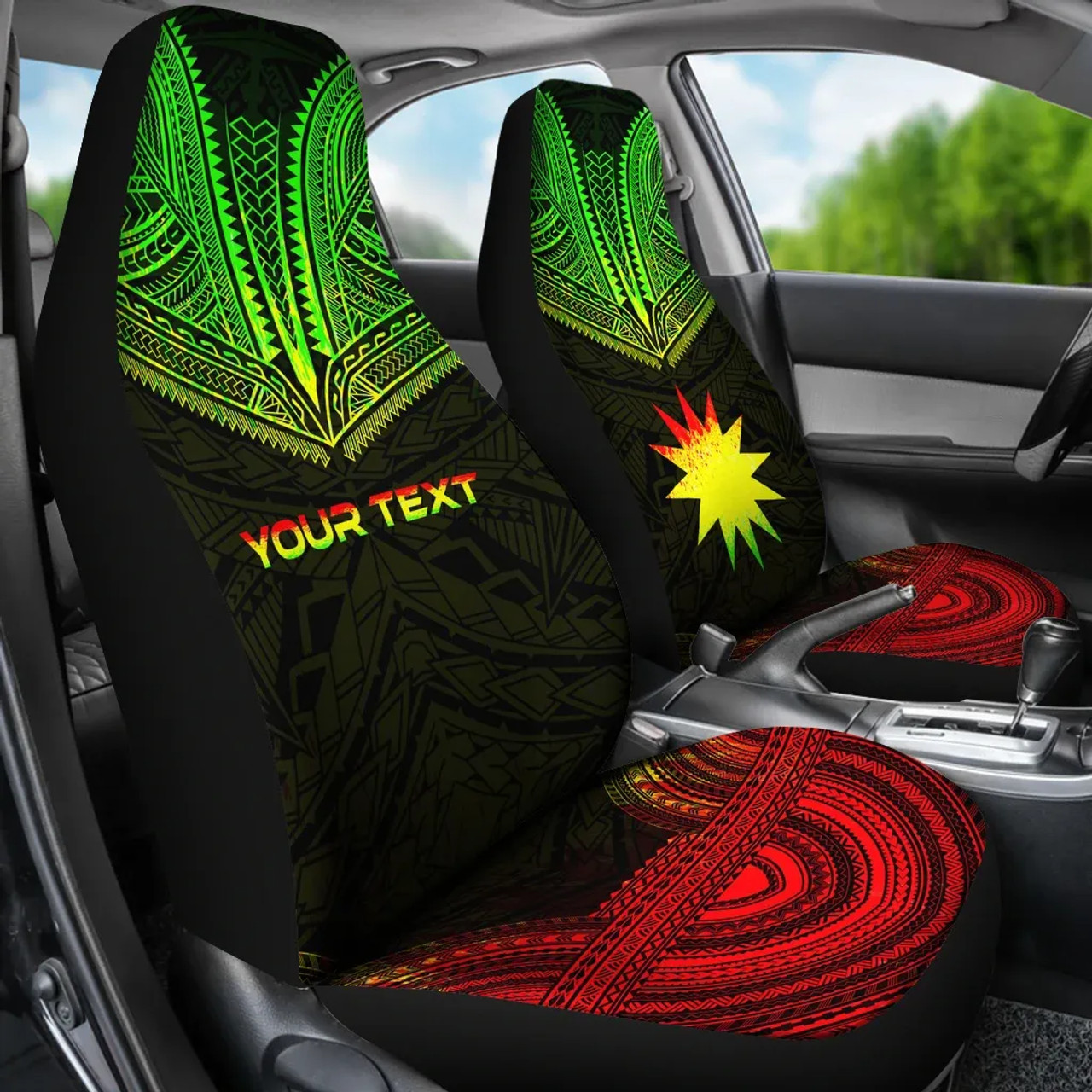 Nauru Custom Personalised Car Seat Cover - Nauru Flag Polynesian Chief Tattoo Reggae Version