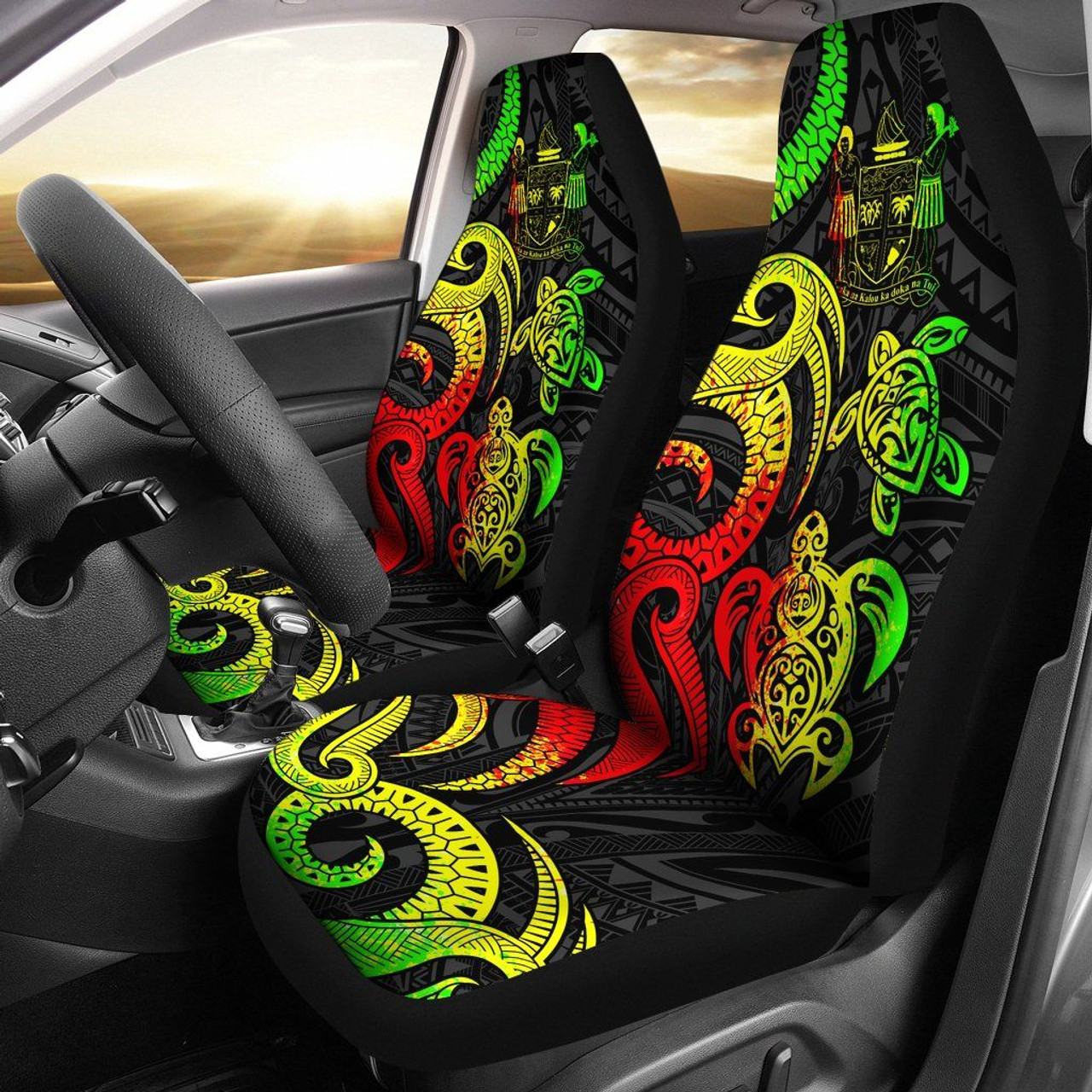 Fiji Polynesian Car Seat Covers - Reggae Tentacle Turtle Crest