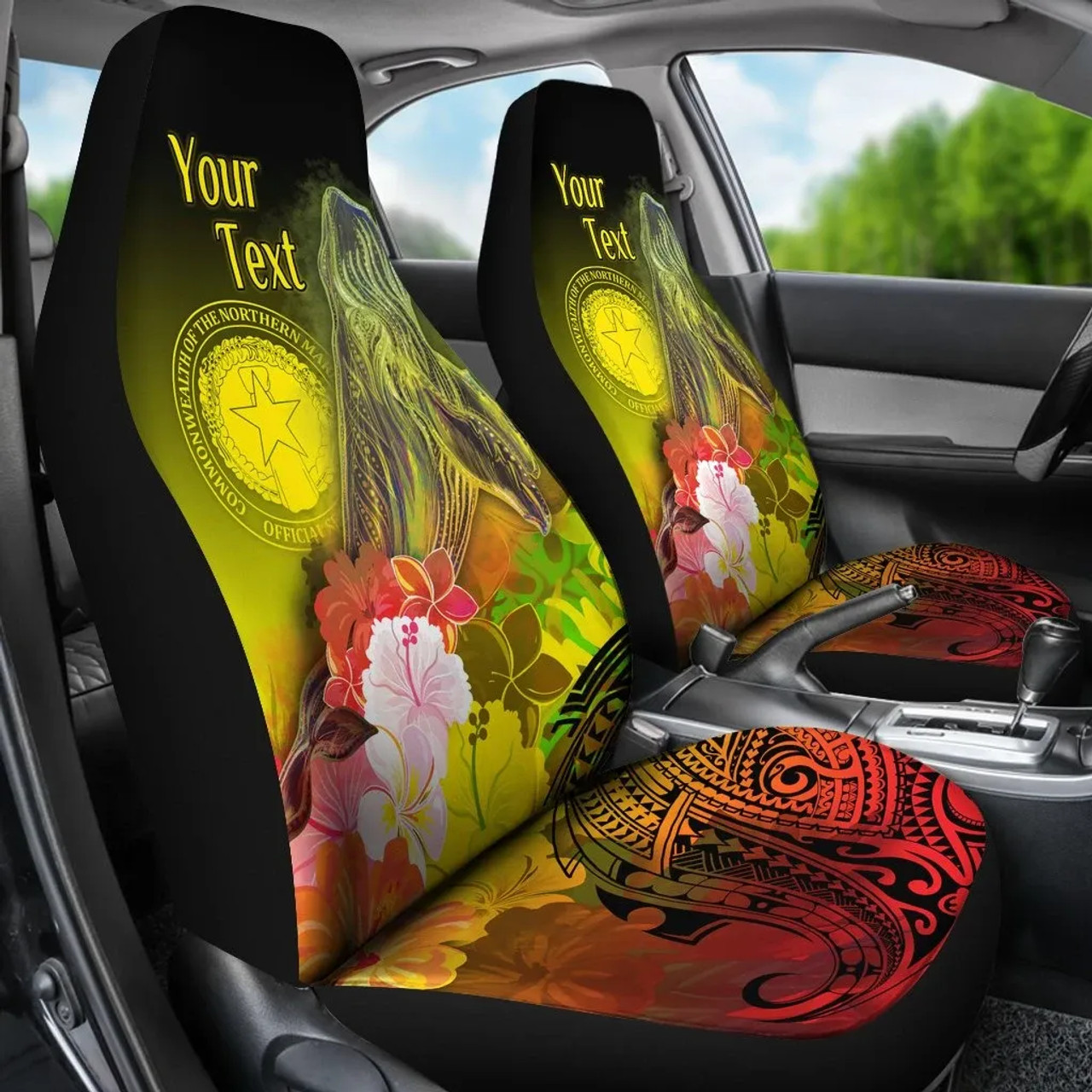 CNMI Custom Personalised Car Seat Covers - Humpback Whale with Tropical Flowers (Yellow)