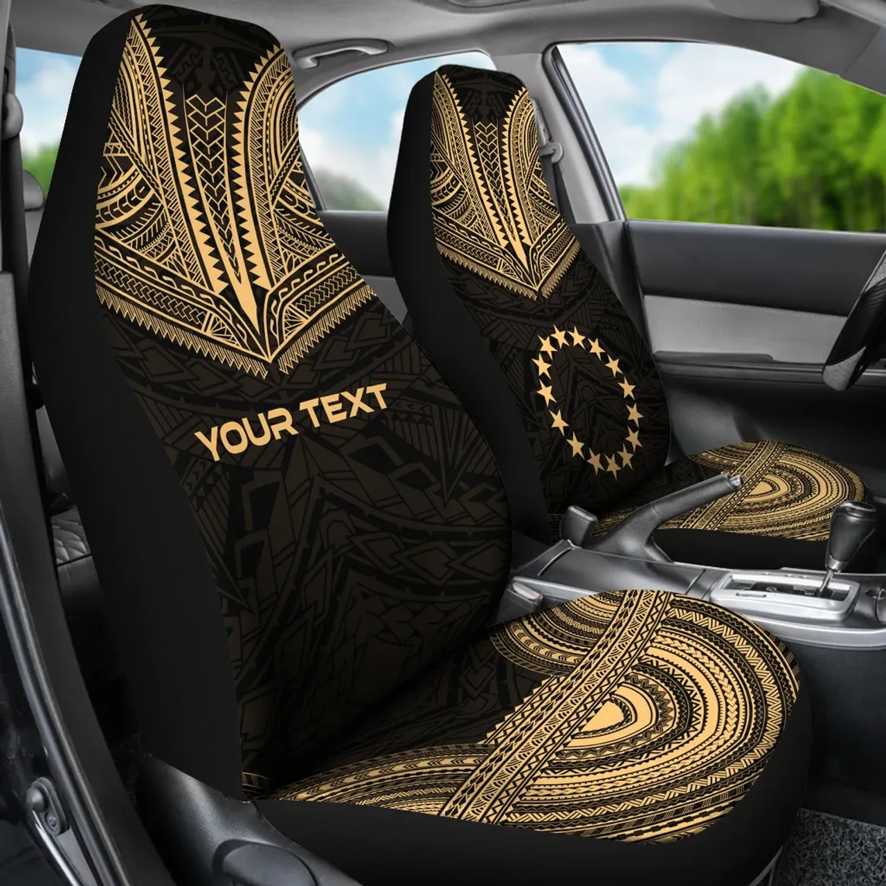 Cook Islands Custom Personalised Car Seat Cover - Cook Islands Flag Polynesian Chief Tattoo Gold Version