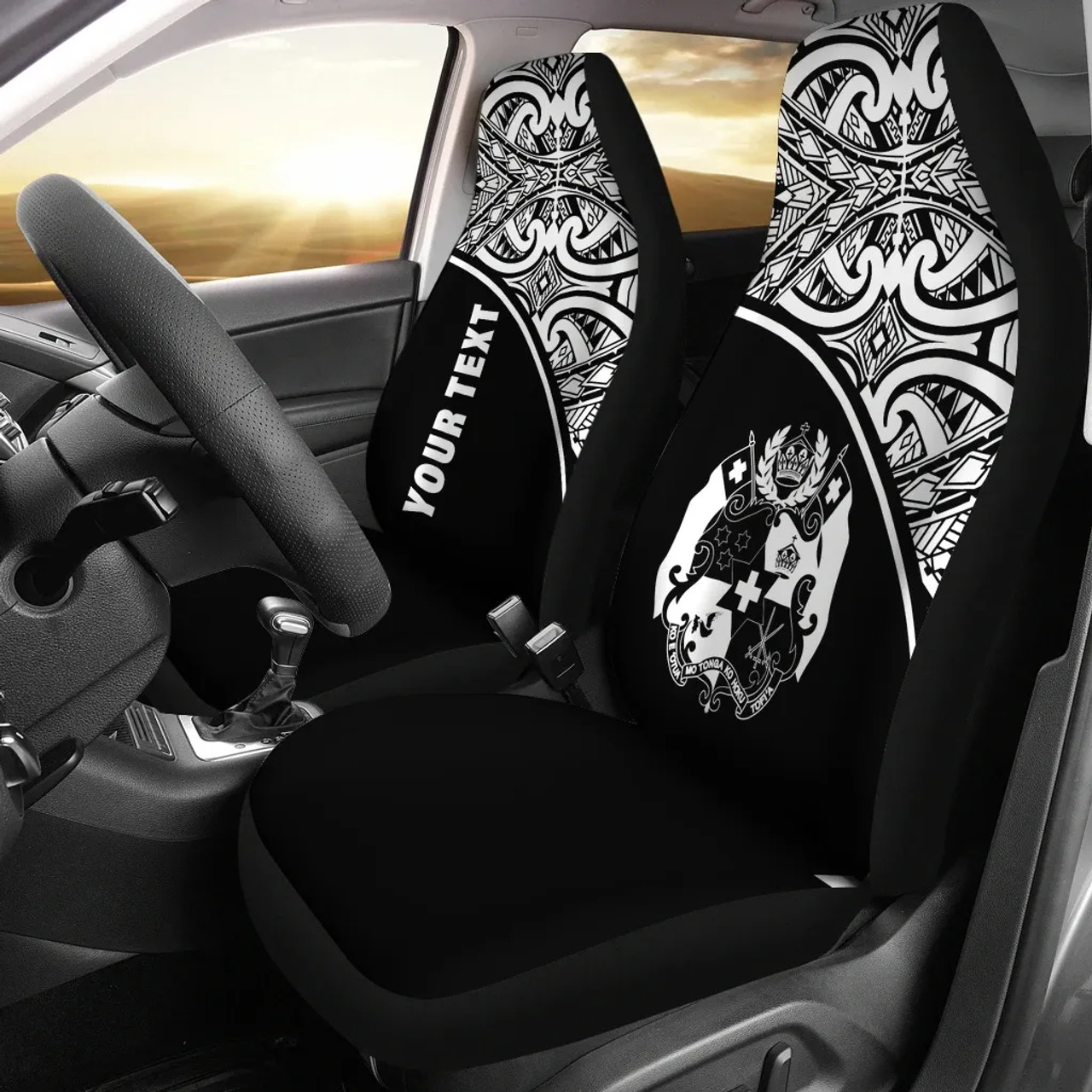 Tonga Custom Personalised Car Seat Covers - Tonga Coat Of Arms Polynesian White Curve