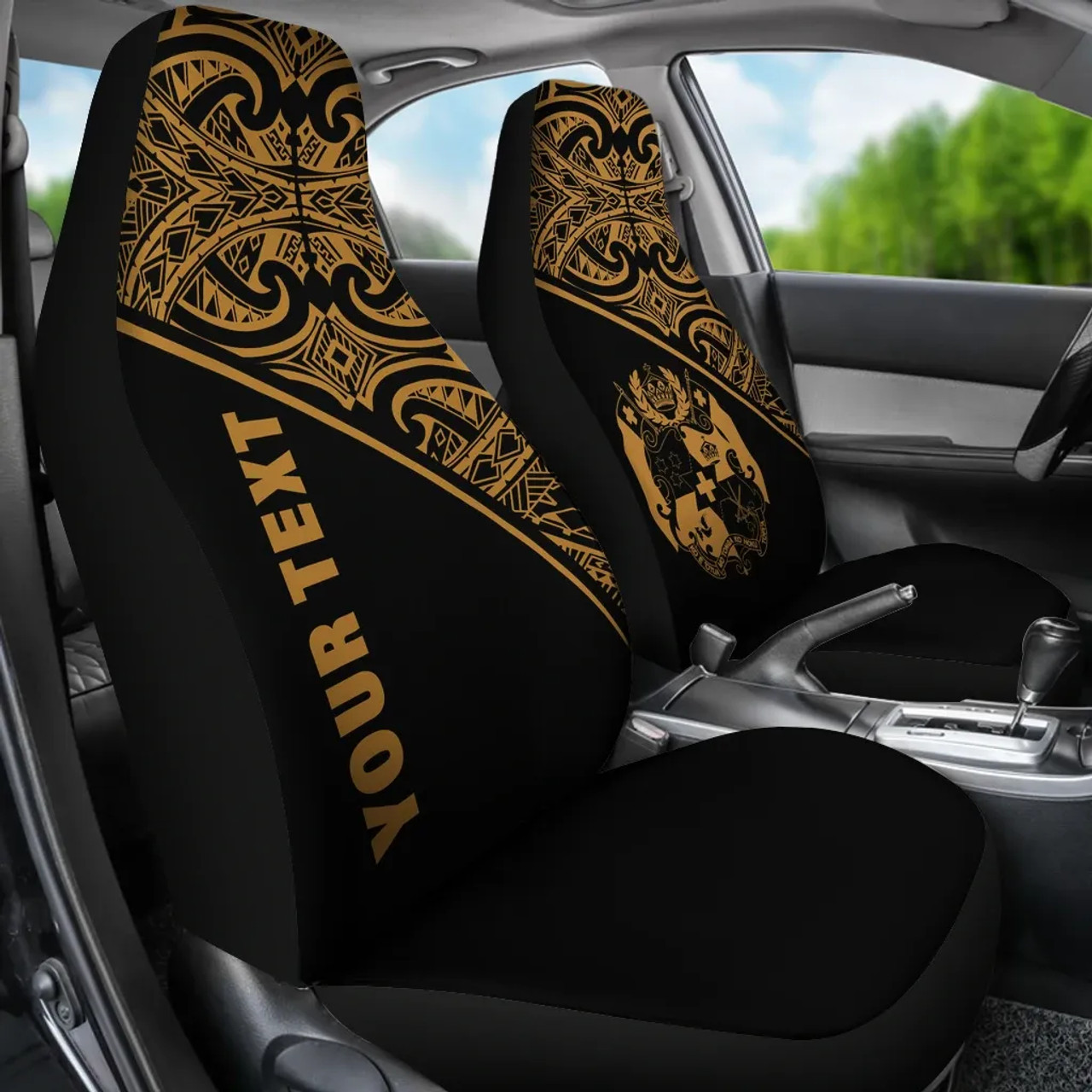 Tonga Custom Personalised Car Seat Covers - Tonga Coat Of Arms Polynesian Yellow Curve