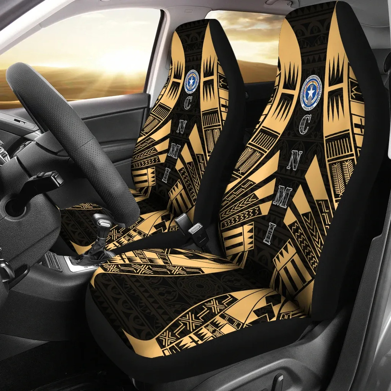 Northern Mariana Islands Car Seat Covers - CNMI Seal Polynesian Tattoo Gold