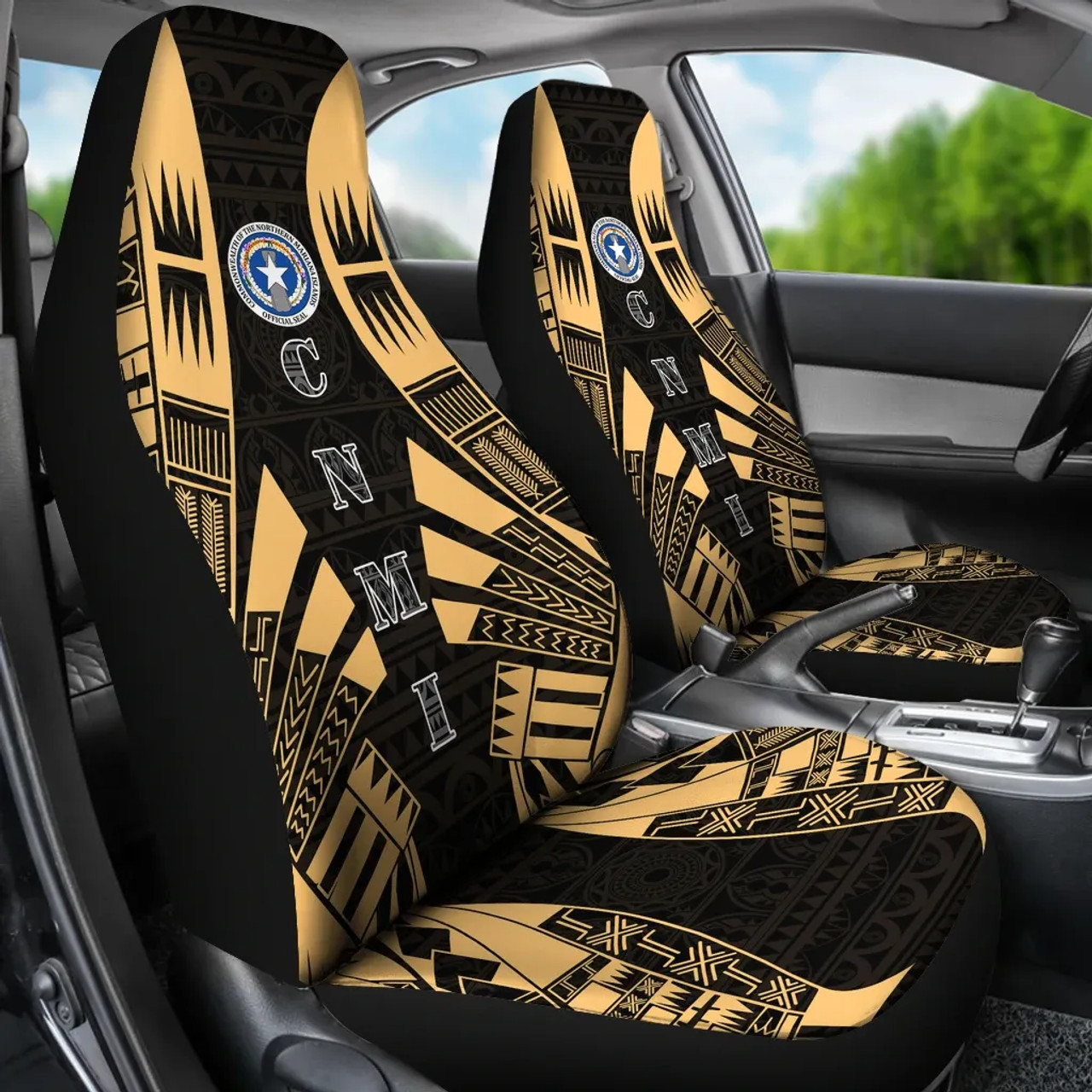 Northern Mariana Islands Car Seat Covers - CNMI Seal Polynesian Tattoo Gold