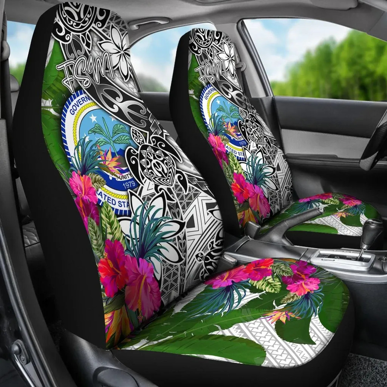 Federated States of Micronesia Car Seat Covers White - Turtle Plumeria Banana Leaf