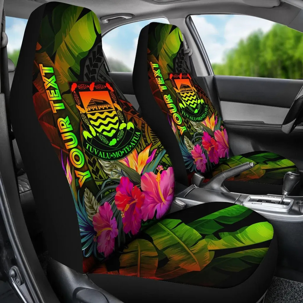 Tuvalu Polynesian Personalised Car Seat Covers -  Hibiscus and Banana Leaves