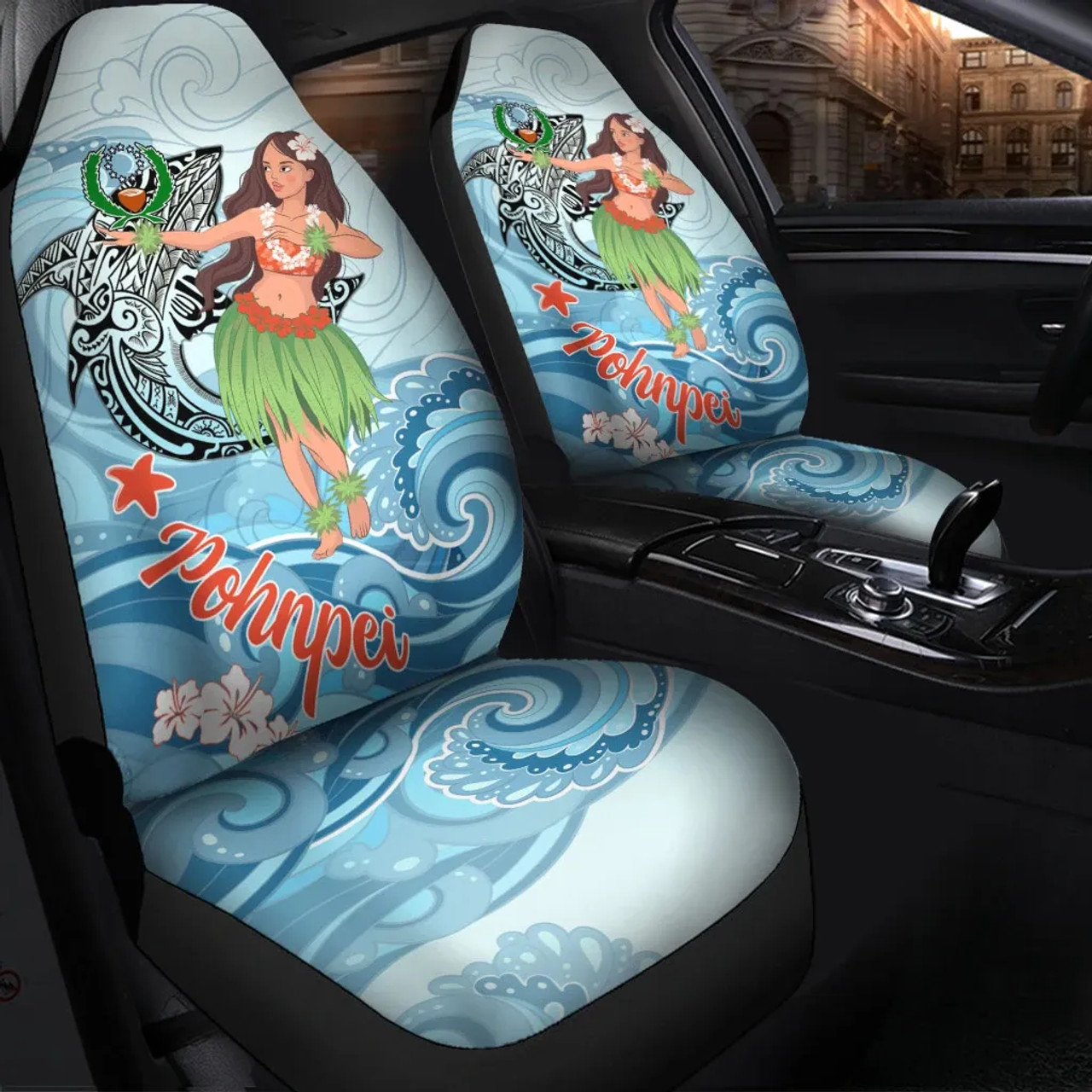 Pohnpei Car Seat Cover - Polynesian Girls With Shark