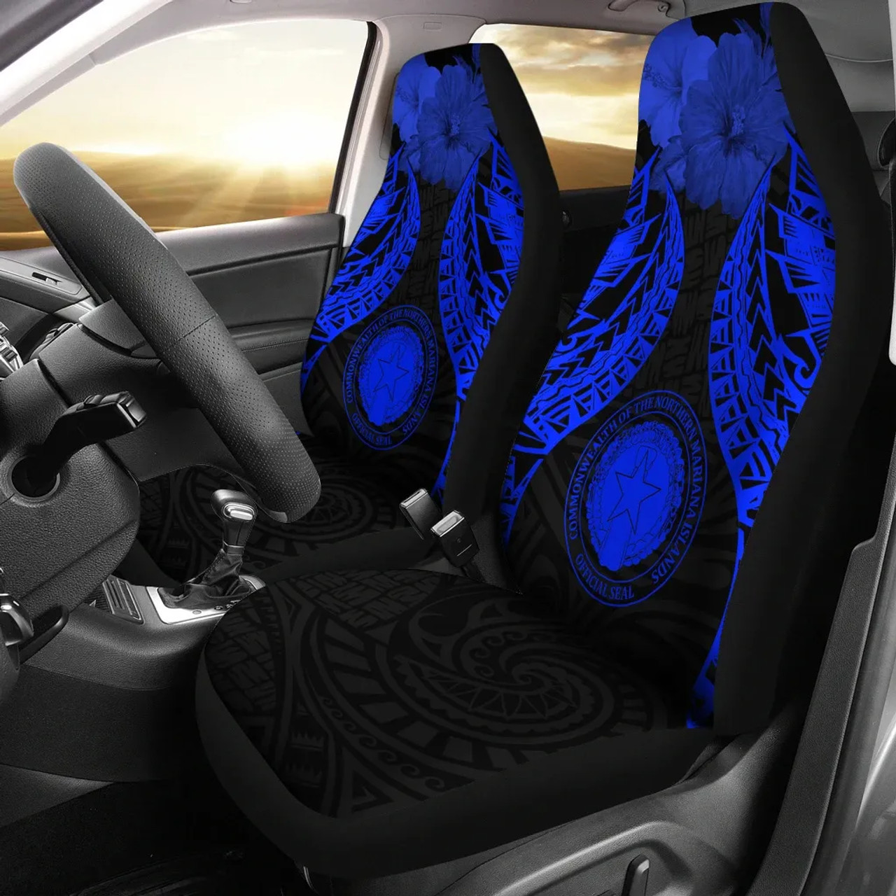 Northern Mariana Islands Polynesian Car Seat Covers Pride Seal And Hibiscus Blue