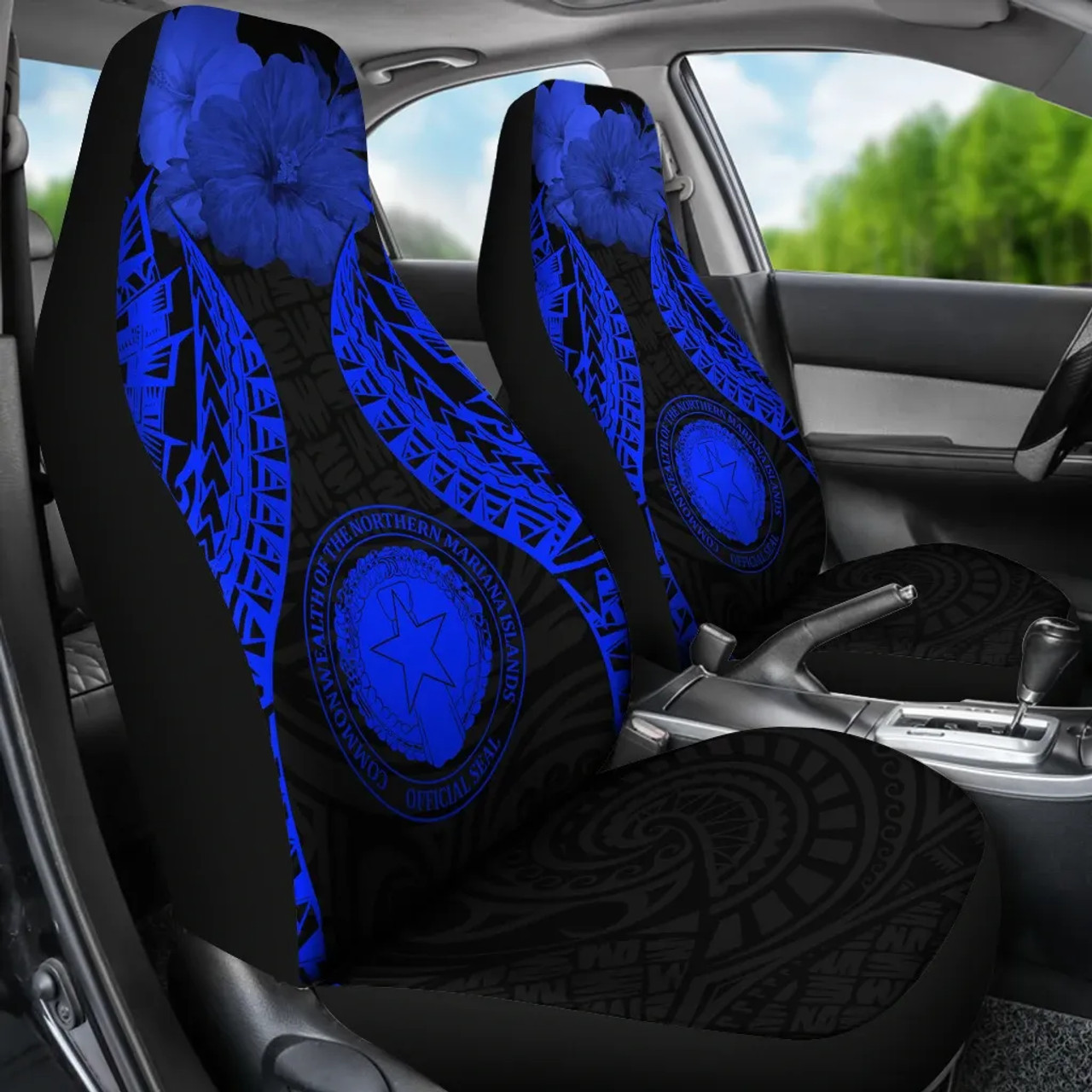 Northern Mariana Islands Polynesian Car Seat Covers Pride Seal And Hibiscus Blue
