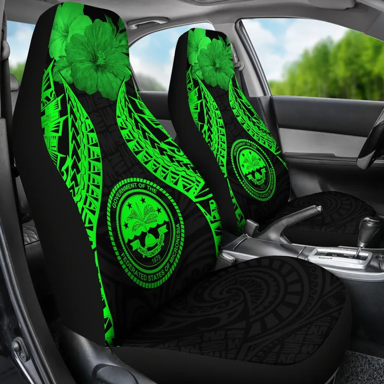 Federated States Of Micronesia Polynesian Car Seat Covers Pride Seal And Hibiscus Green