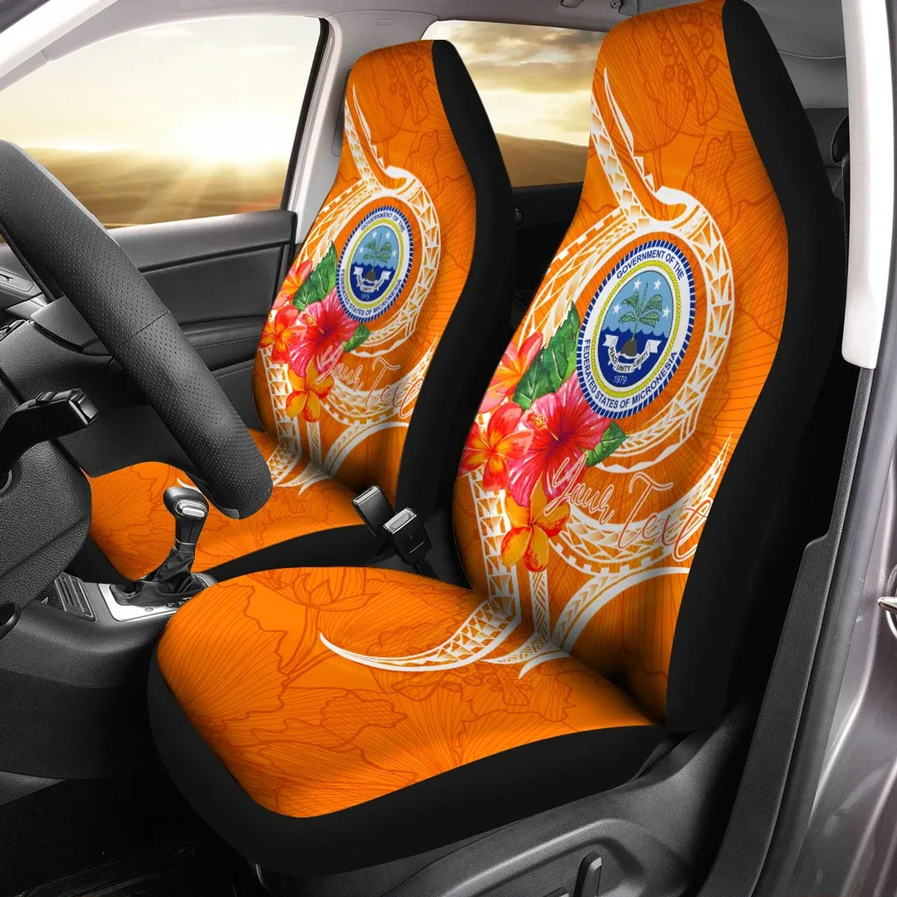 Federated States Of Micronesia Custom Personalised Car Seat Covers - Orange Floral With Seal