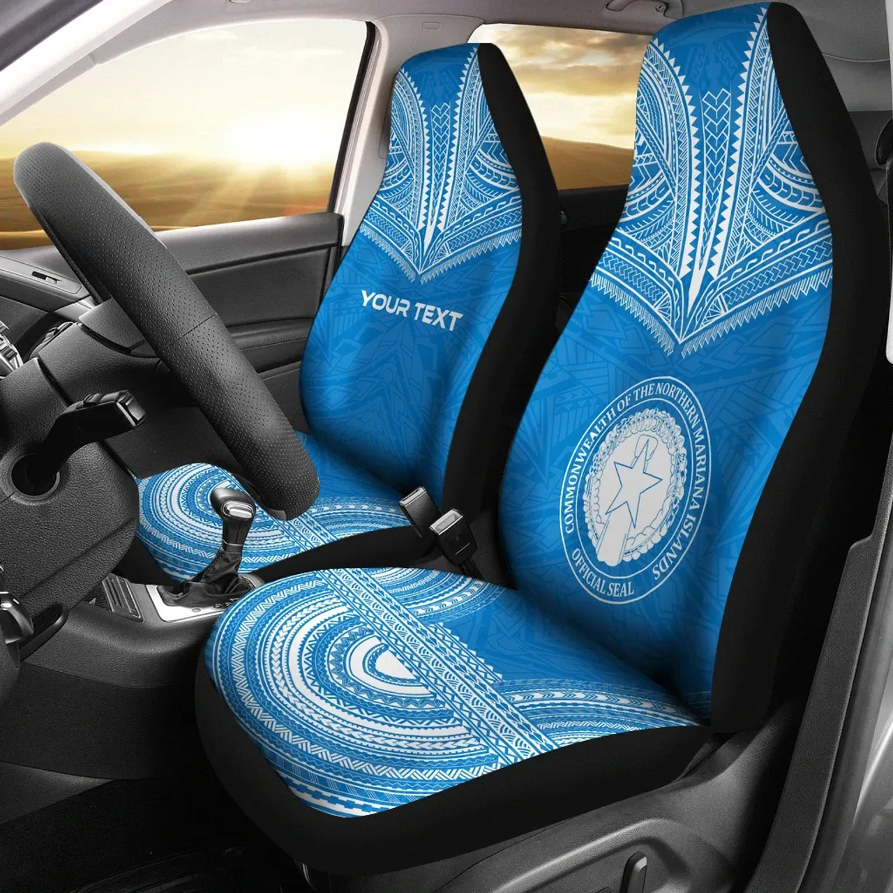 Northern Mariana Island Custom Personalised Car Seat Cover - CNMI Seal Polynesian Chief Tattoo Blue Version