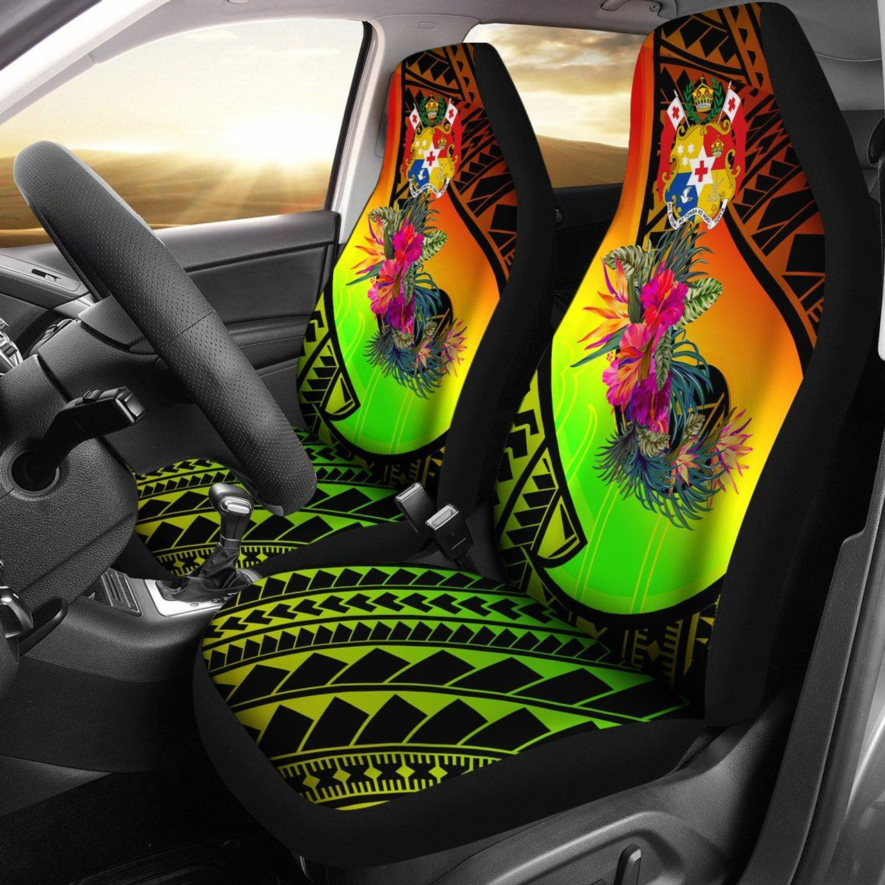 Tonga Car Seat Covers - Polynesian Hook And Hibiscus ( Reggae)