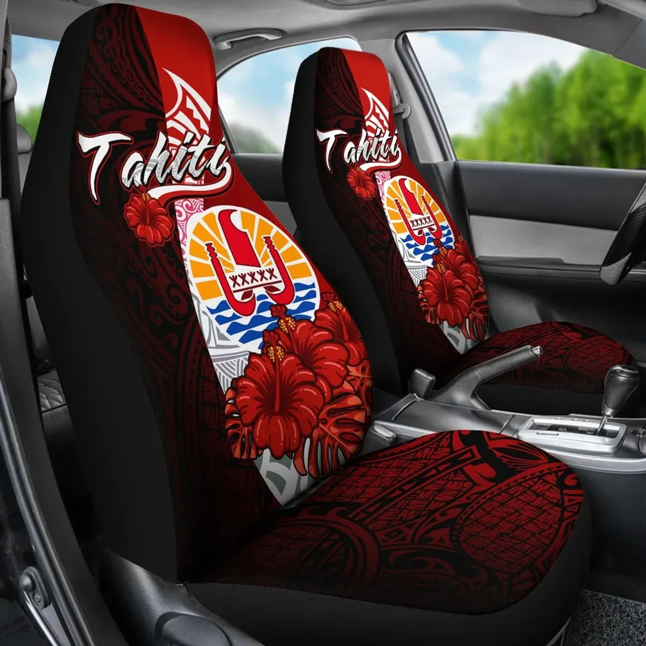Tahiti Polynesian Car Seat Covers - Coat Of Arm With Hibiscus