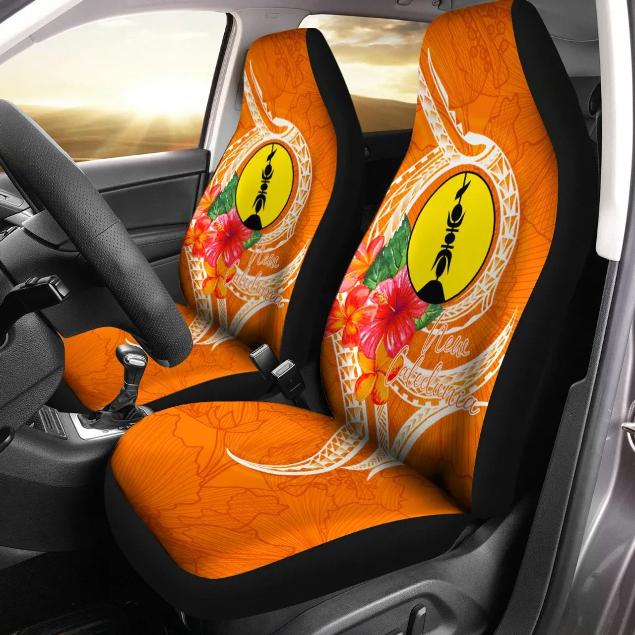 New Caledonia Polynesian Car Seat Covers - Orange Floral With Seal