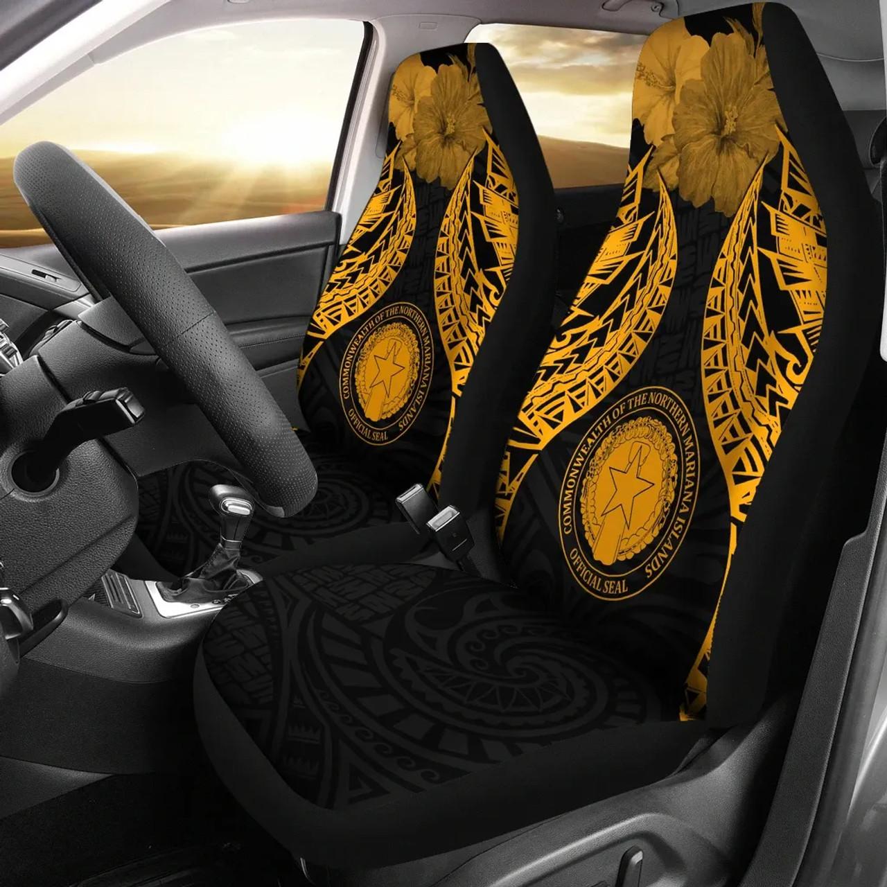 Northern Mariana Islands Polynesian Car Seat Covers Pride Seal And Hibiscus Gold