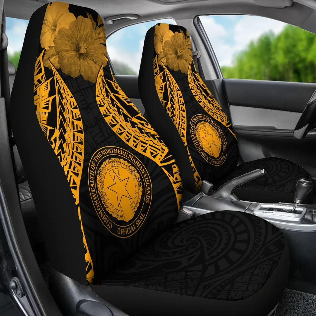 Northern Mariana Islands Polynesian Car Seat Covers Pride Seal And Hibiscus Gold