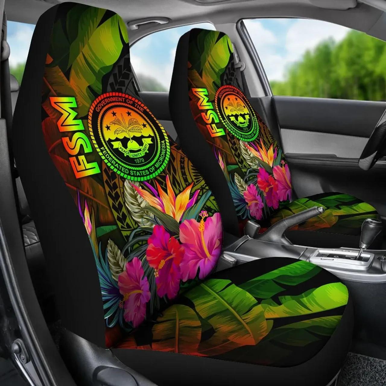 Federated States of Micronesia Polynesian Car Seat Covers -  Hibiscus and Banana Leaves