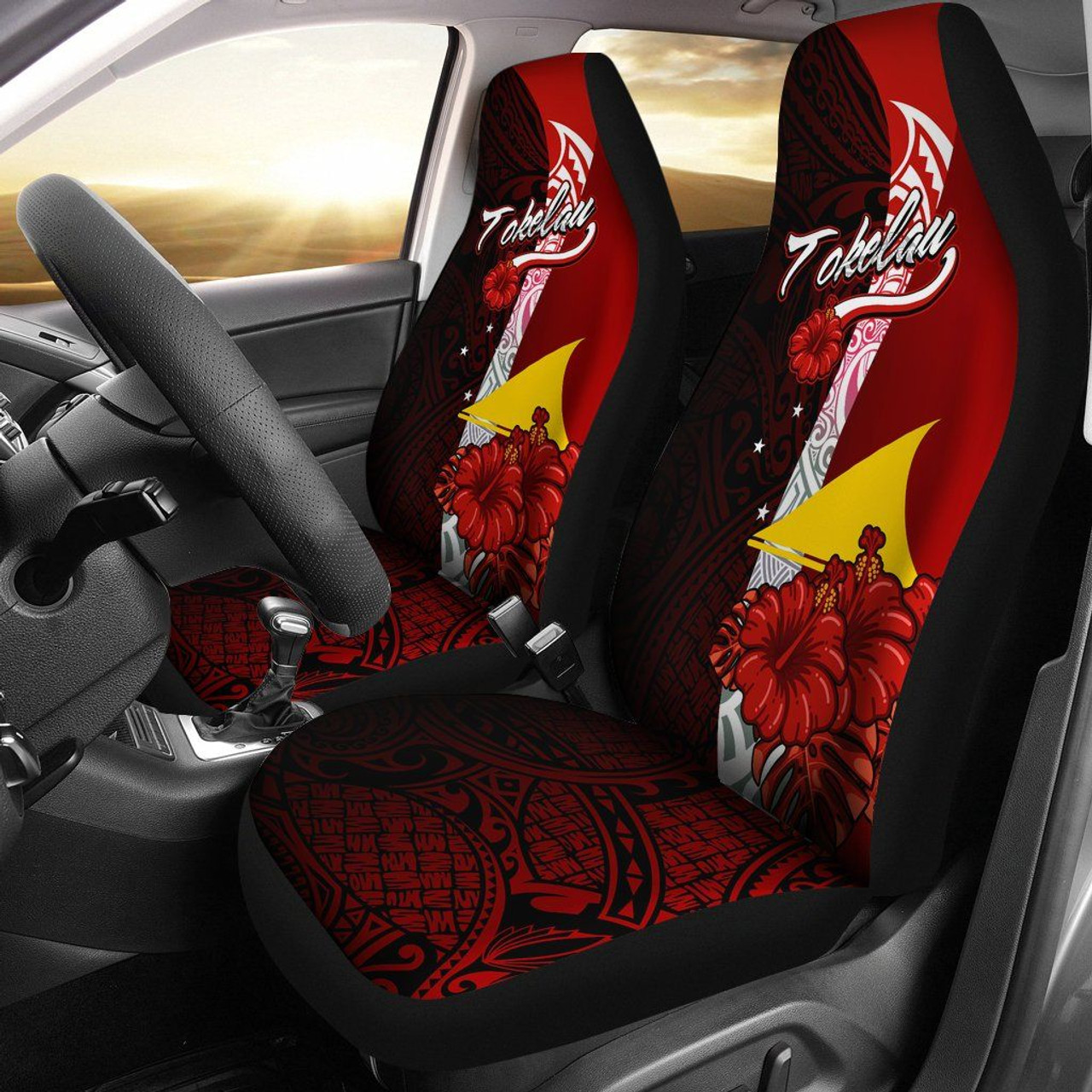 Tokelau Polynesian Car Seat Covers - Coat Of Arm With Hibiscus