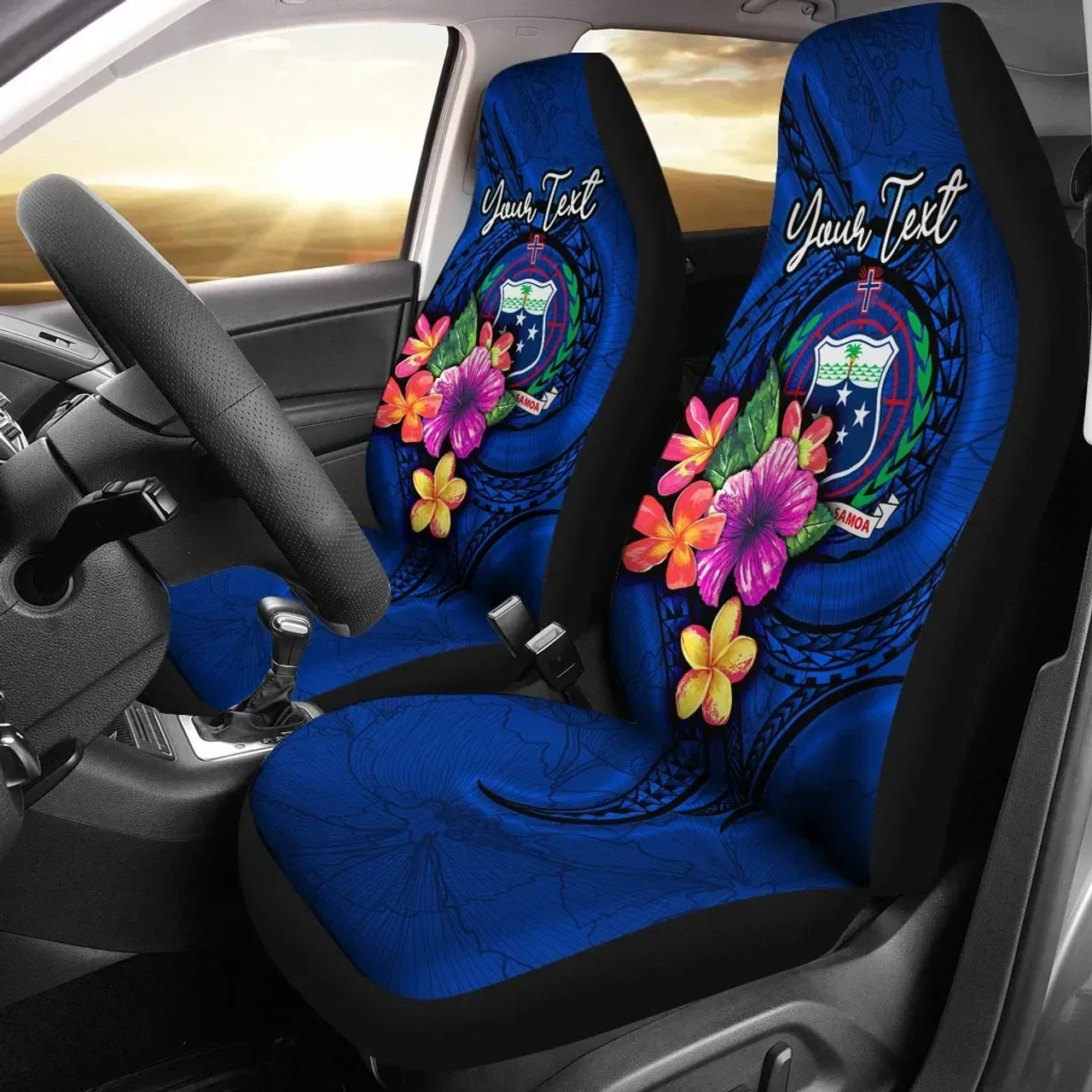 Samoa Polynesian Custom Personalised Car Seat Covers - Floral With Seal Blue