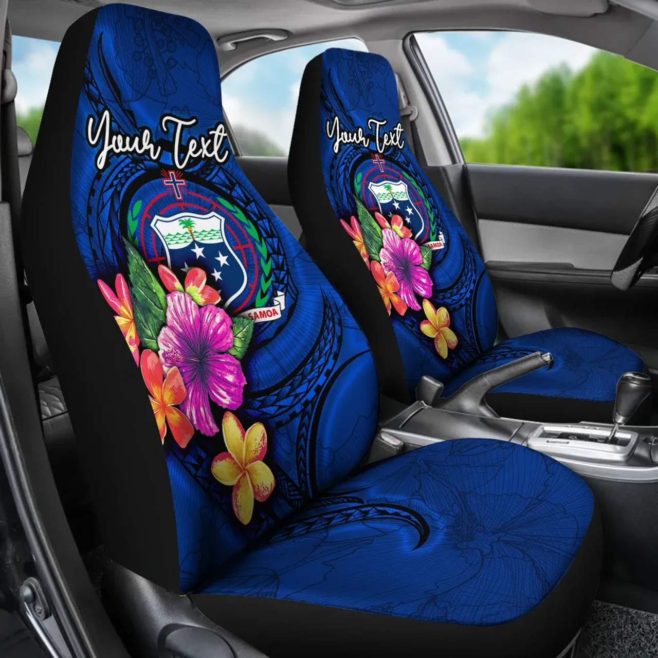 Samoa Polynesian Custom Personalised Car Seat Covers - Floral With Seal Blue