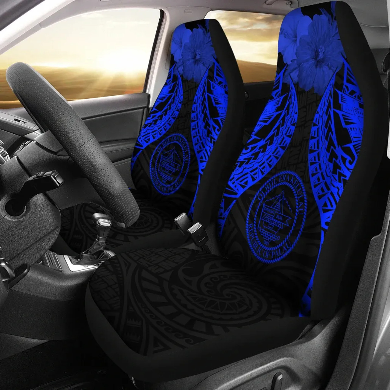Palau Polynesian Car Seat Covers Pride Seal And Hibiscus Blue